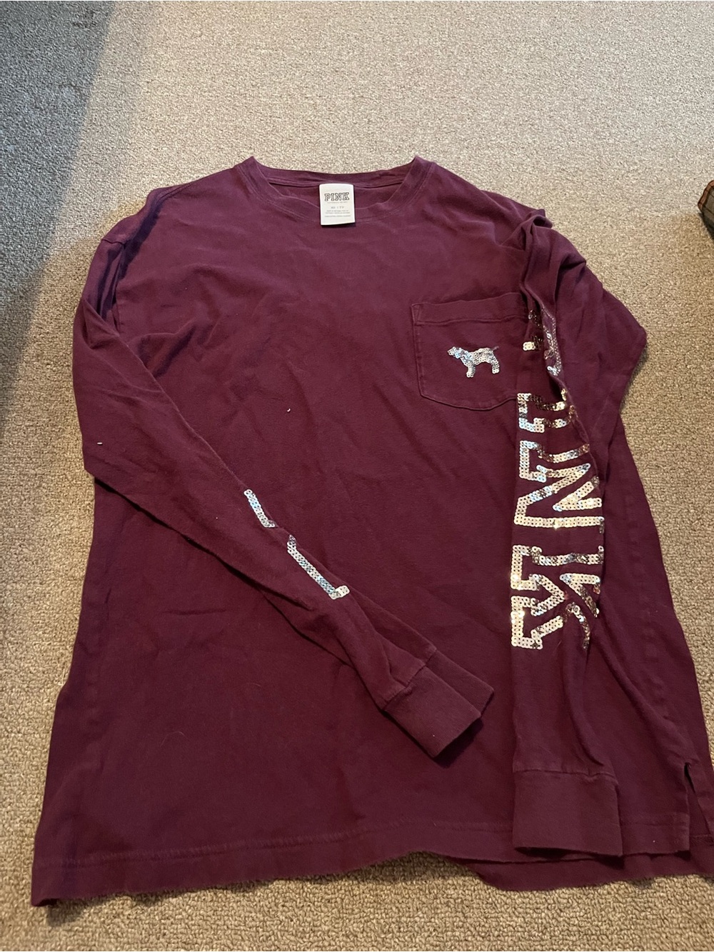 PINK Victoria's Secret Long-Sleeve Tee in Plum with Sequin Script